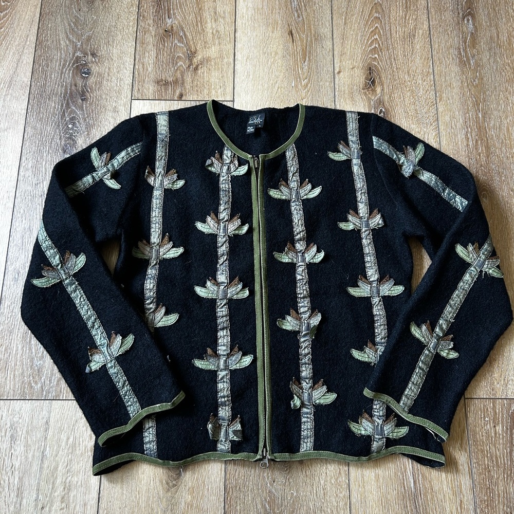 Vintage wool blazer with silk bamboo appliqué Large
